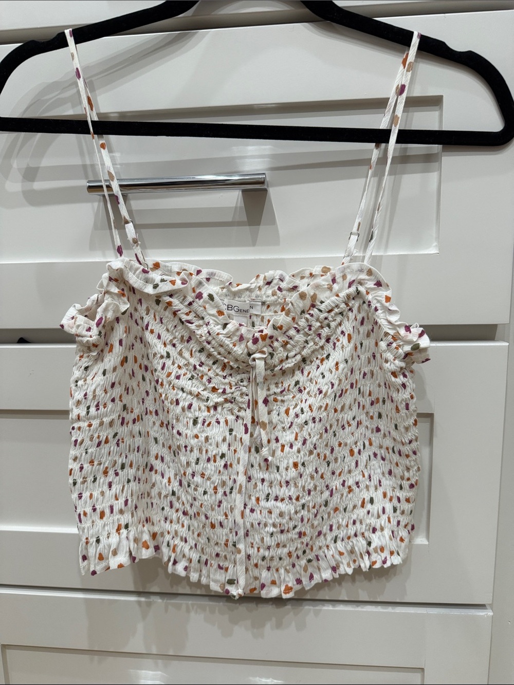 BCBGeneration White Smocked Tank with Pink and Orange Dot Print